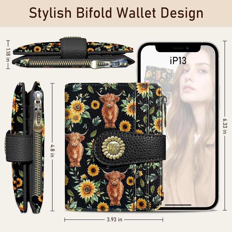 Kelvoris Highland Cow Cattle Sunflower Small Rfid Women Wallet Bifold Zipper Coin Pocket PU Leather Compact Cash Credit Card Holder Travel Wallet for Female Ladies Teen Girls 1 ID Window 10 Card Slots - Image 5
